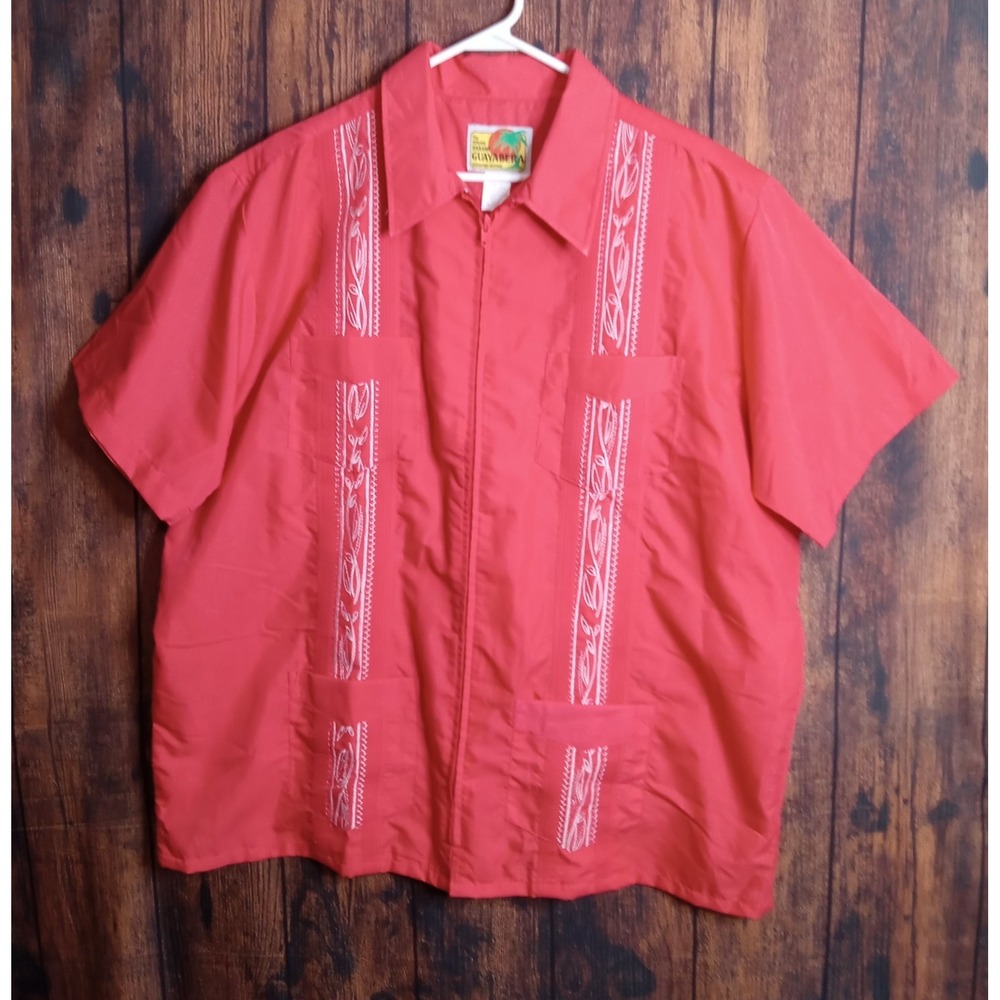 Guayabera By Haband Embroidered Short Sleeve Full Zip Men's Shirt Size XL Coral